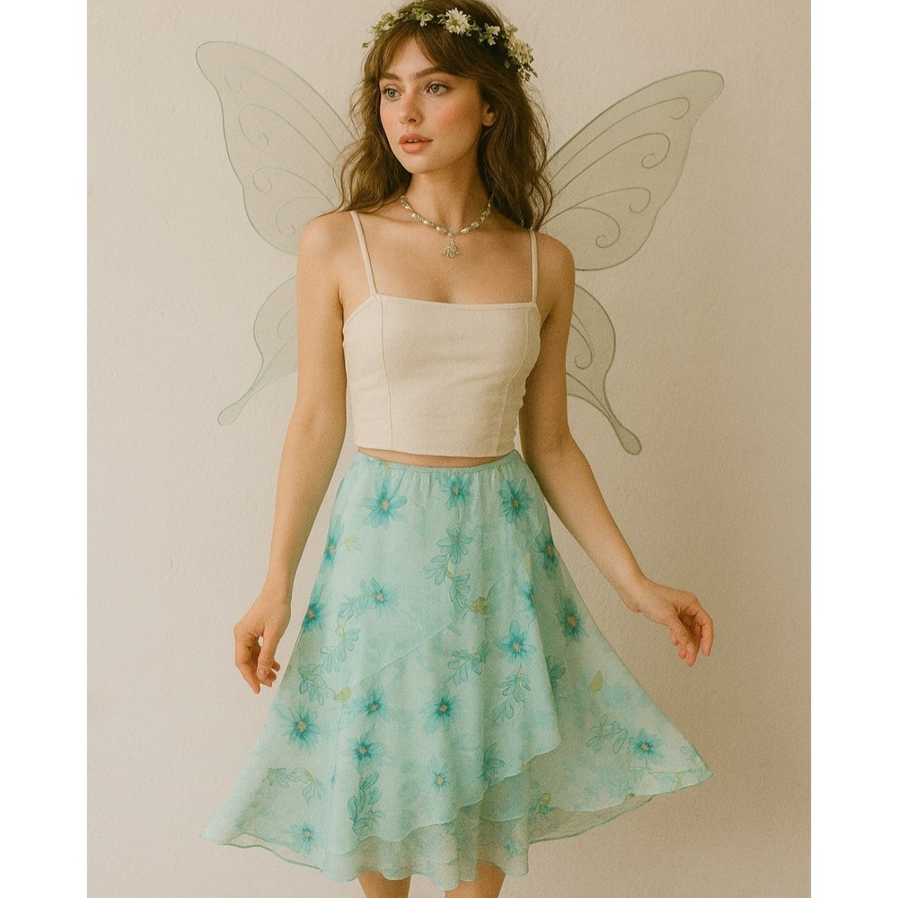 VTG Y2K Wrapper Midi Skirt M Blue Floral Ruffle Layered Chiffon Romantic Fairy